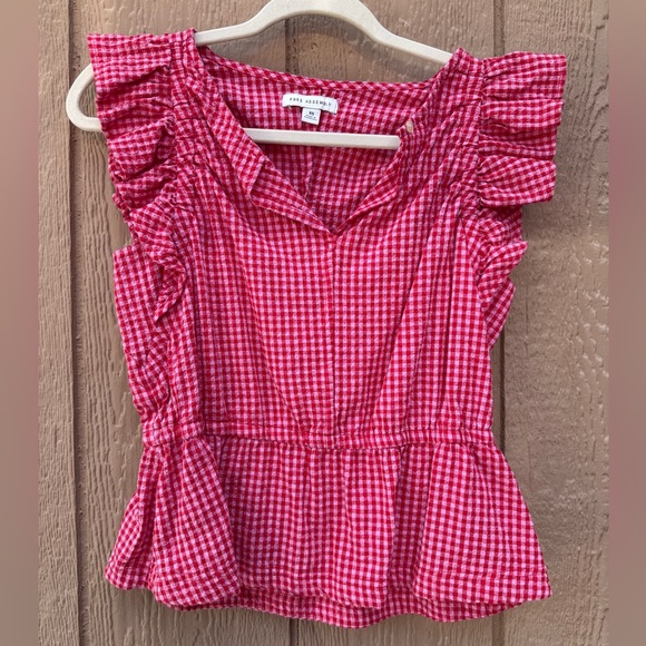 Free Assembly Tops - Free Assembly XS Pink&Red Gingham Ruffle Peplum Top